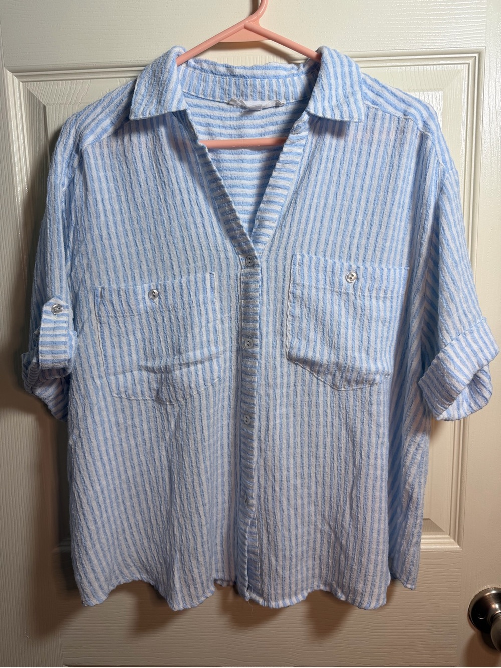 Women’s Jane and Delancey Light Blue and White Striped Button-Down Shirt, Large